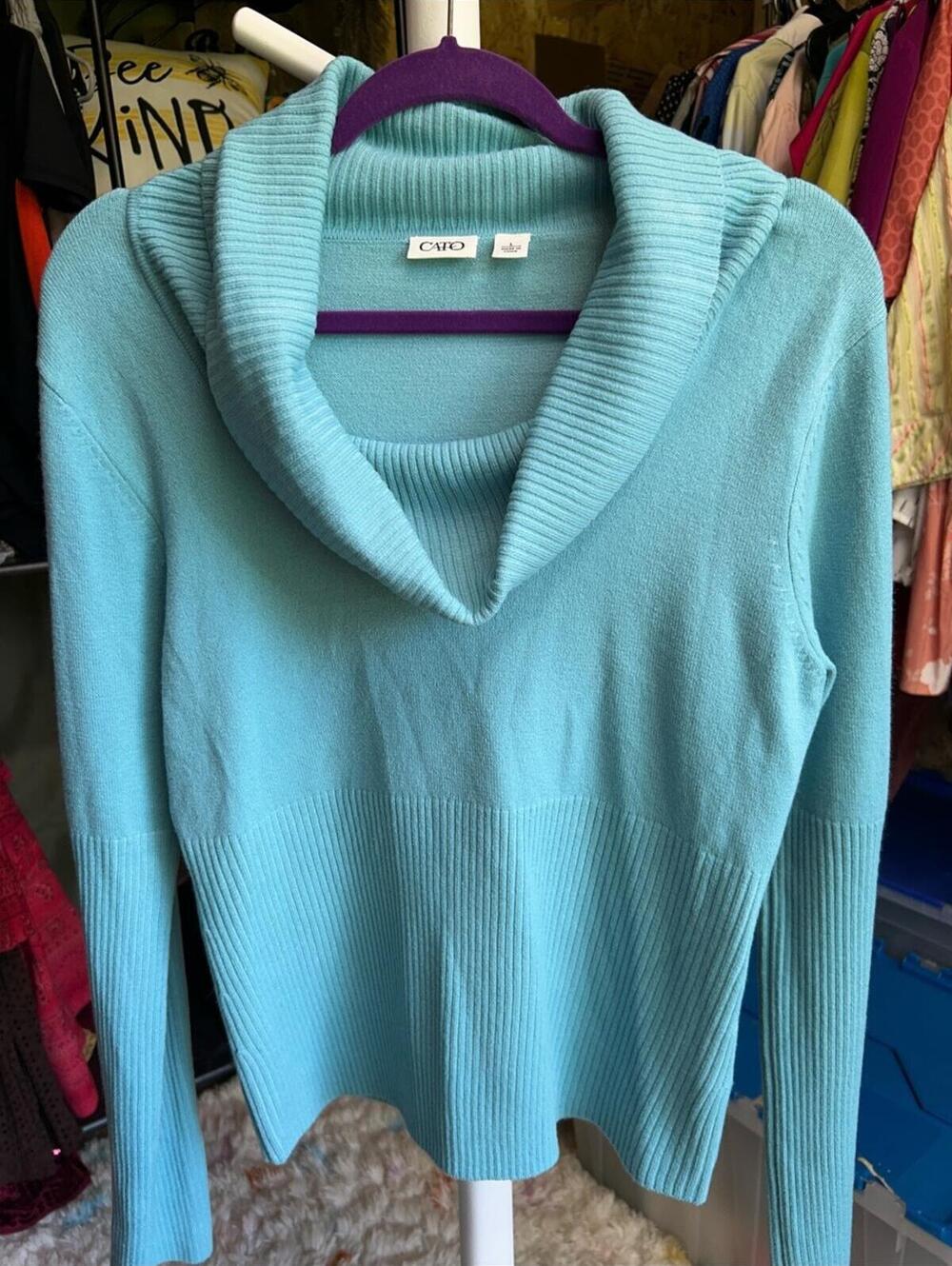 Cato Light Blue Long Sleeve Sweater with Shawl Collar, Size Large